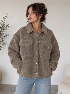 ZARA Taupe Brown Teddy Jacket with Front Pockets